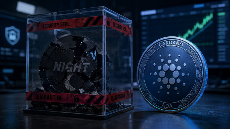 Shattered NIGHT token sealed inside a security quarantine case beside an intact Cardano ADA coin and rising market chart.