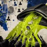 large black wallet releasing an acid-green stream of data and Cardano-style tokens toward a crowd, with fingerprints, identity silhouettes, and network diagrams in the background.