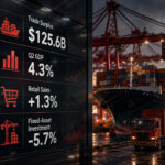 Container port in China beside an economic data display showing a $125.6 billion trade surplus, 4.3% GDP growth, 1.3% retail sales growth, and a 5.7% investment decline.