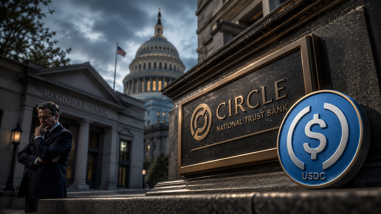 Circle National Trust Bank plaque and large USDC coin near the US Capitol as a concerned regional banker stands outside a traditional bank.