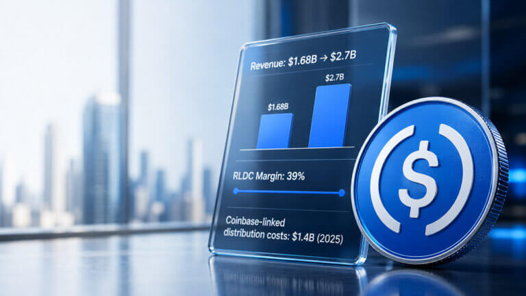 USDC coin beside a financial dashboard showing revenue rising from $1.68 billion to $2.7 billion, a 39% RLDC margin, and $1.4 billion in Coinbase-linked distribution costs.