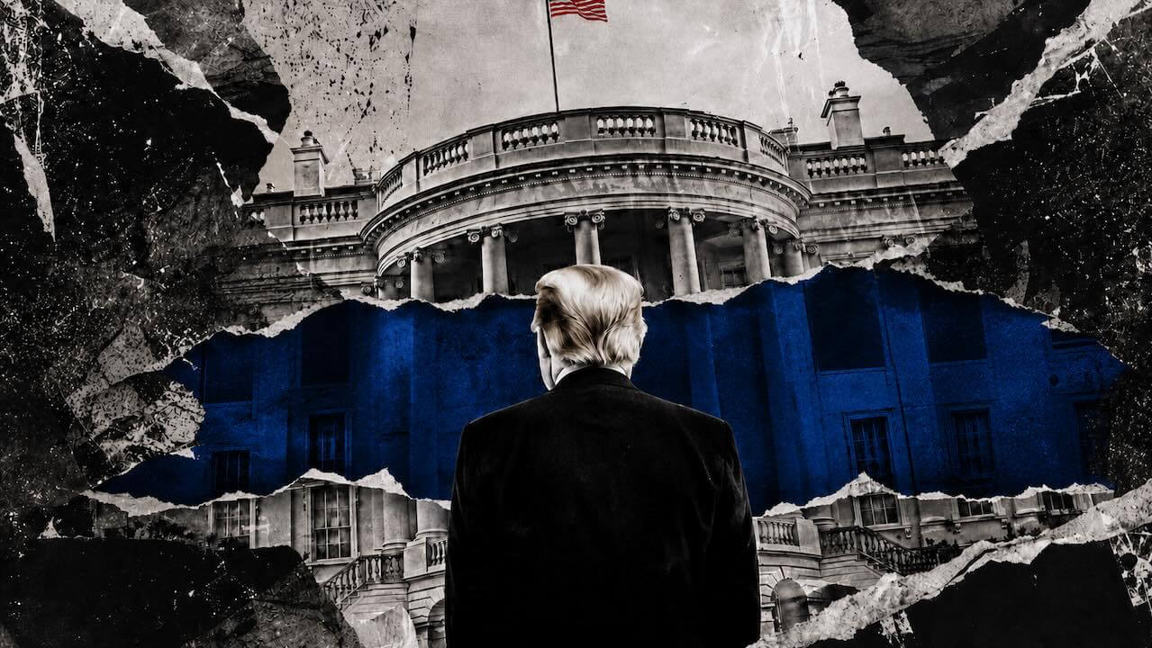 A president in a dark suit stands before the White House in a torn-paper political collage.