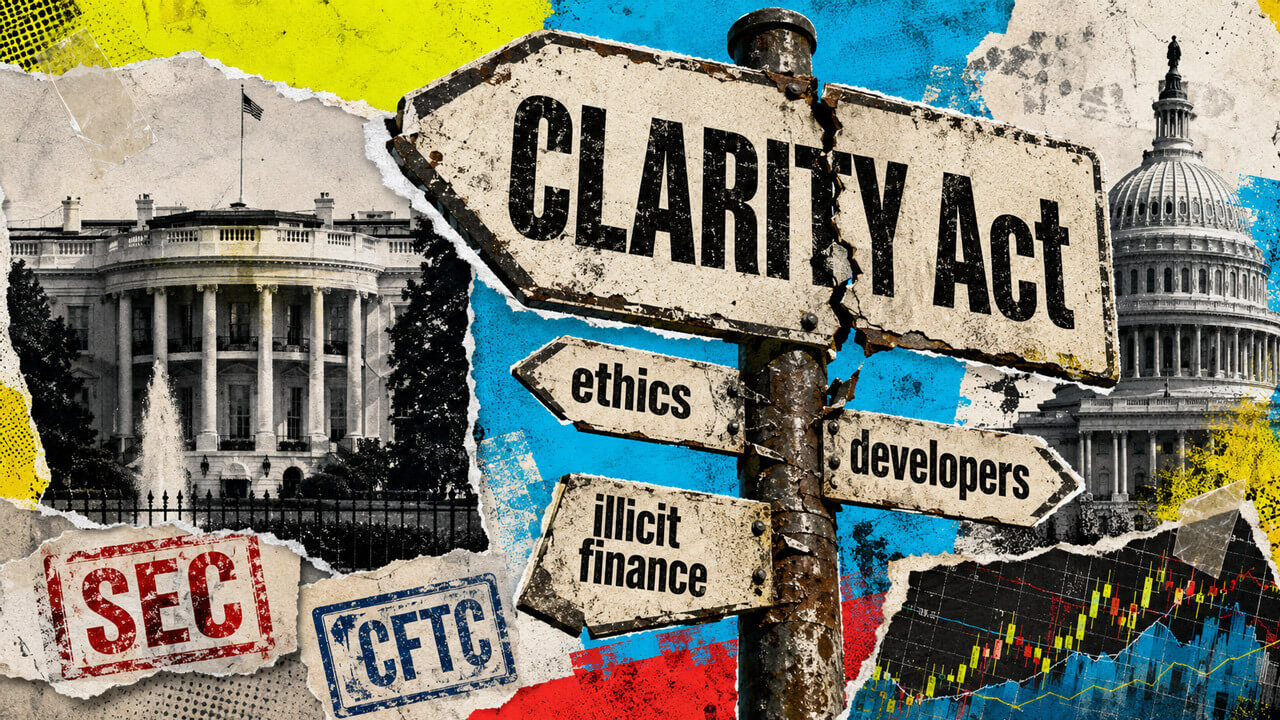 Editorial collage showing a cracked CLARITY Act signpost pointing toward ethics, developers, and illicit finance, with the White House, U.S. Capitol, SEC and CFTC stamps, and a market chart in the background.