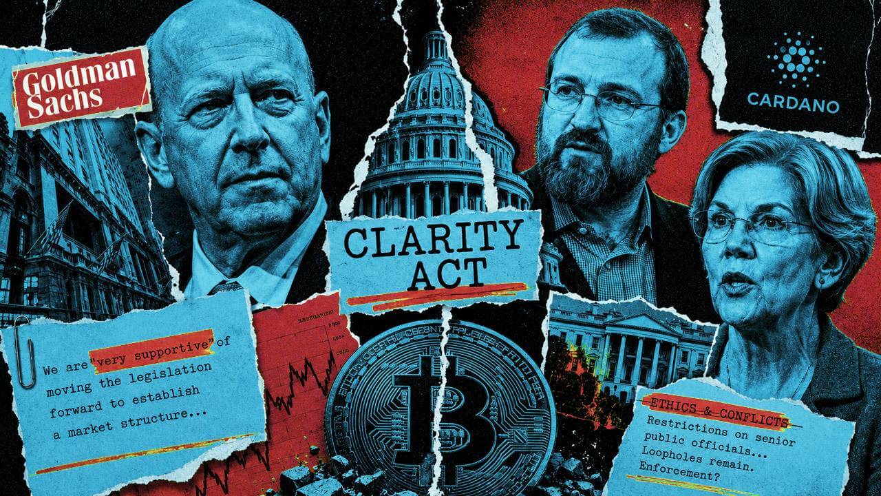 Editorial collage featuring Goldman Sachs CEO David Solomon, Cardano founder Charles Hoskinson, and Sen. Elizabeth Warren around the U.S. Capitol, with a split Bitcoin symbol, CLARITY Act label, market chart fragments, and ethics notes illustrating fractured alliances over crypto regulation.