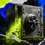 an open steel crypto vault spilling Ethereum tokens, with a hooded hacker silhouette, digital network lines, and padlock imagery in electric blue and acid green.