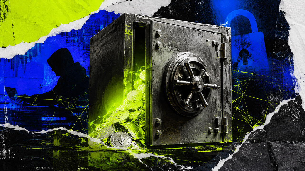 an open steel crypto vault spilling Ethereum tokens, with a hooded hacker silhouette, digital network lines, and padlock imagery in electric blue and acid green.