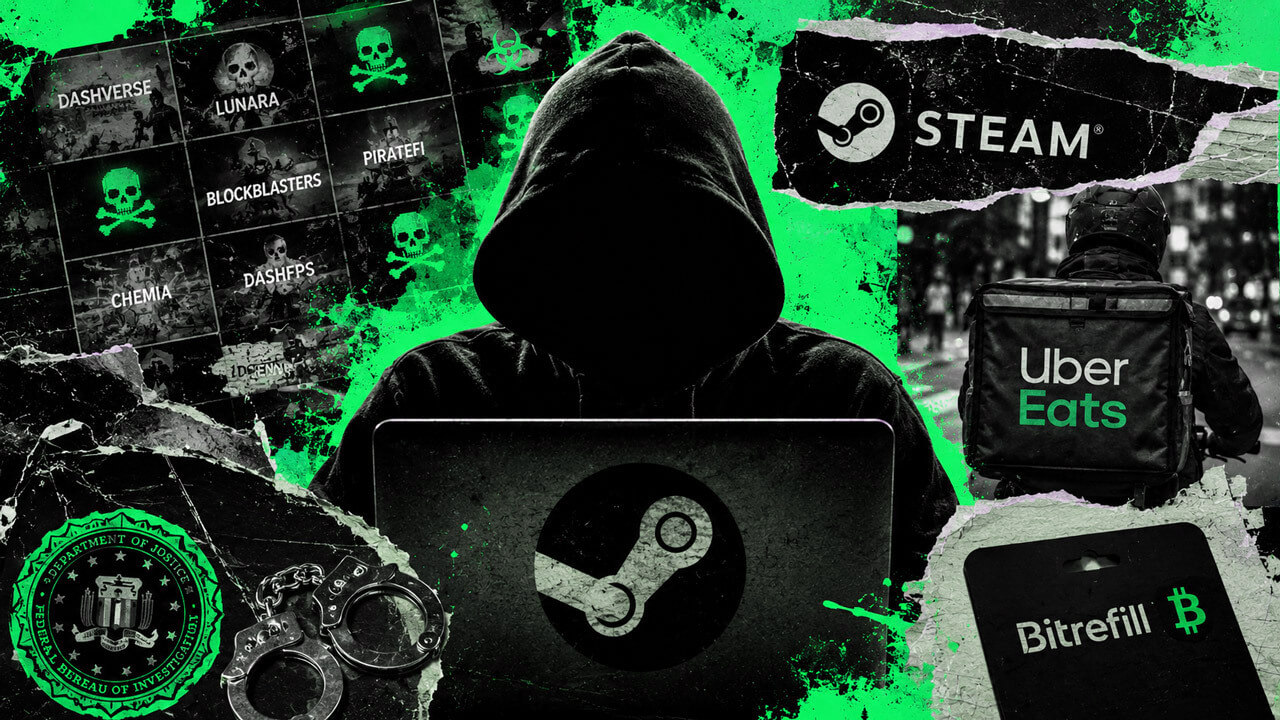 High-contrast acid-green editorial montage showing a hooded figure at a Steam-branded laptop, with malware-infected game tiles, an Uber Eats courier, a Bitrefill crypto gift card, FBI insignia, and handcuffs.
