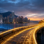 A glowing golden bridge leads across Hong Kong harbor toward a yuan symbol and gold reserves, while digital dollar imagery fades on the left.