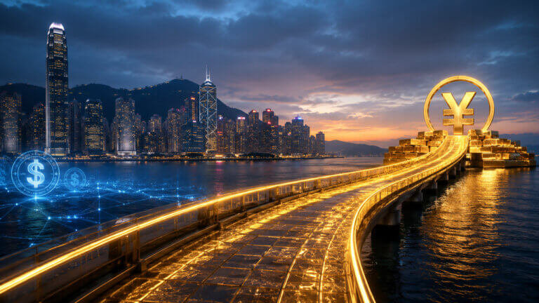 A glowing golden bridge leads across Hong Kong harbor toward a yuan symbol and gold reserves, while digital dollar imagery fades on the left.