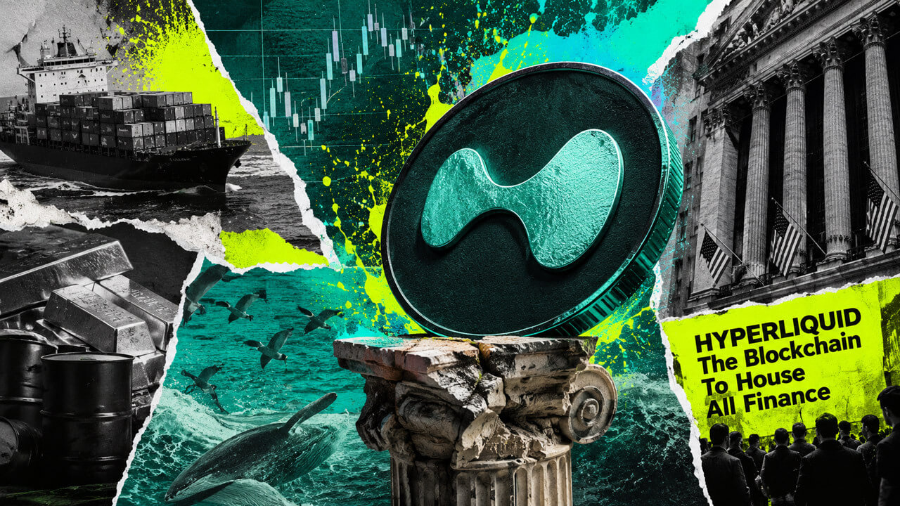 Hyperliquid HYPE token displayed on a classical stone pedestal between shipping, commodities, market charts, and a stock exchange building, with the text “Hyperliquid: The Blockchain to House All Finance.”