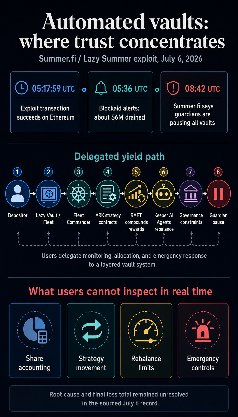 Infographic showing the Summer.fi exploit timeline and the delegated trust boundary across Lazy Summer vault roles.