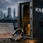 Open Knaken-branded vault with crypto assets, a broken padlock and bankruptcy court documents marked with a €7 million prosecutors’ claim.