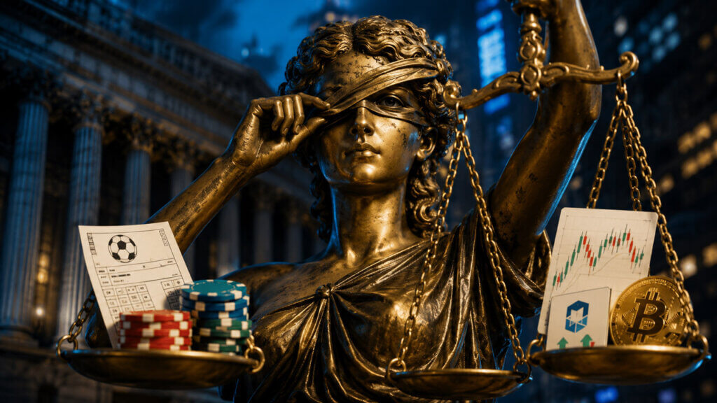 Lady Justice symbolizes the legal divide between gambling and investing as regulators debate speculative financial markets.