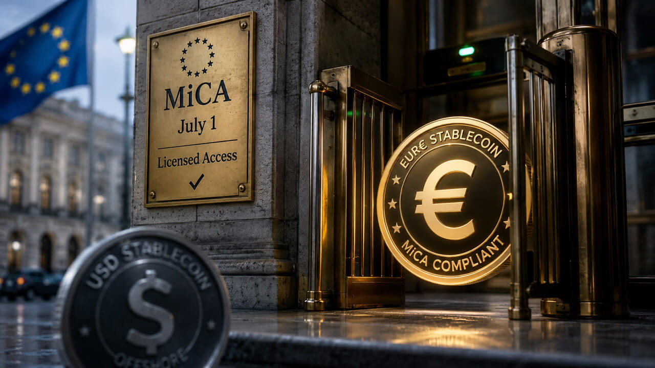MiCA license document beside a euro coin representing European bank access to regulated stablecoins under the EU's MiCA framework.