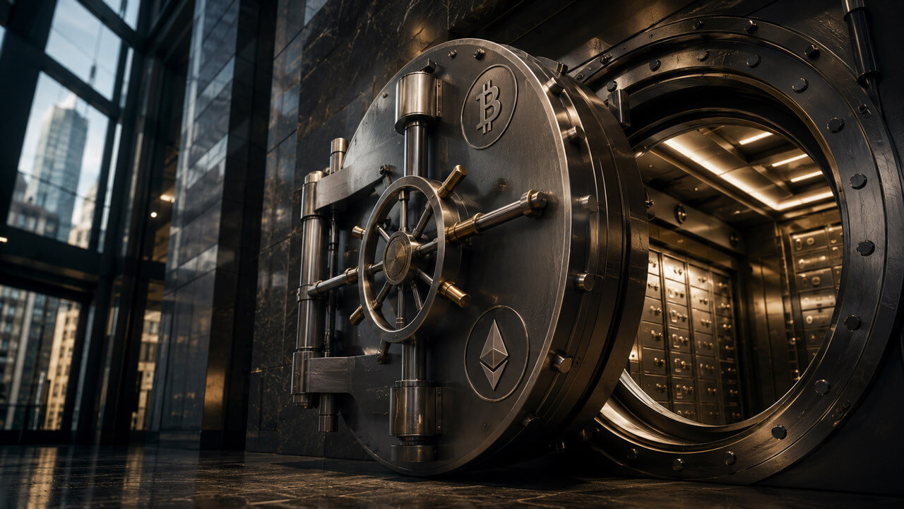 Open institutional bank vault with engraved Bitcoin and Ethereum symbols inside a modern Wall Street financial building.