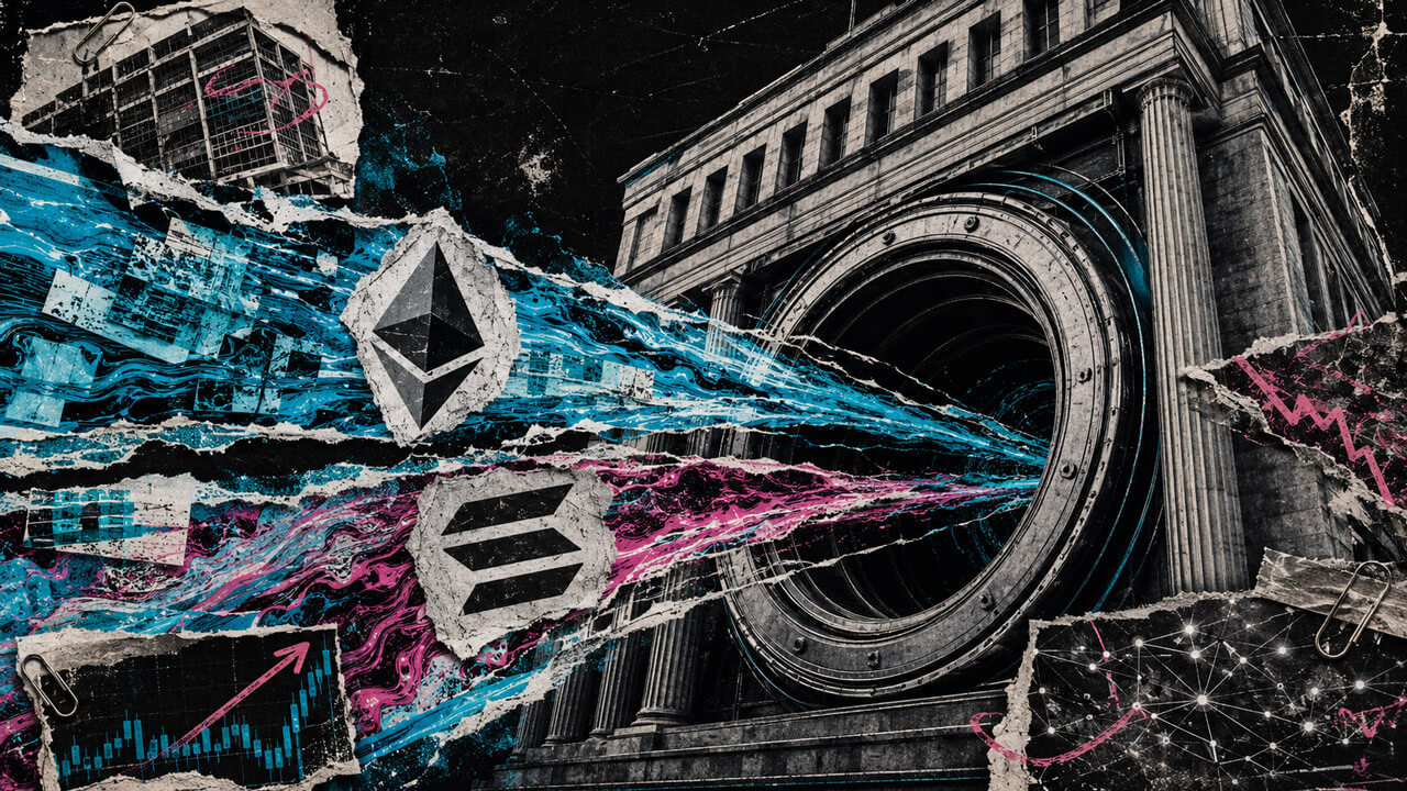Mixed-media editorial collage showing electric cyan and magenta Ethereum and Solana capital streams flowing into a large vault-like opening in a financial institution building.