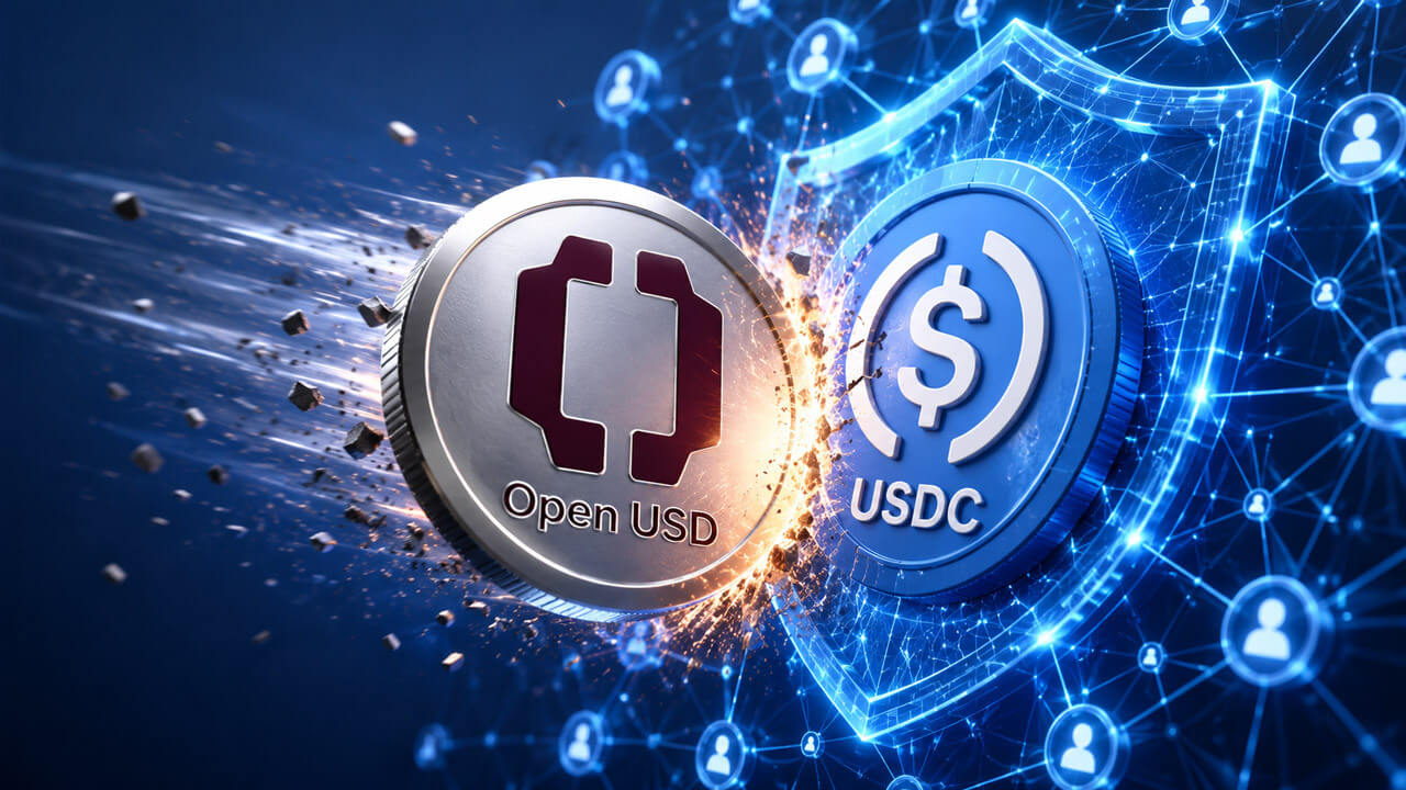 Illustration of OpenUSD and USDC shields facing each other, representing competition over stablecoin network effects.