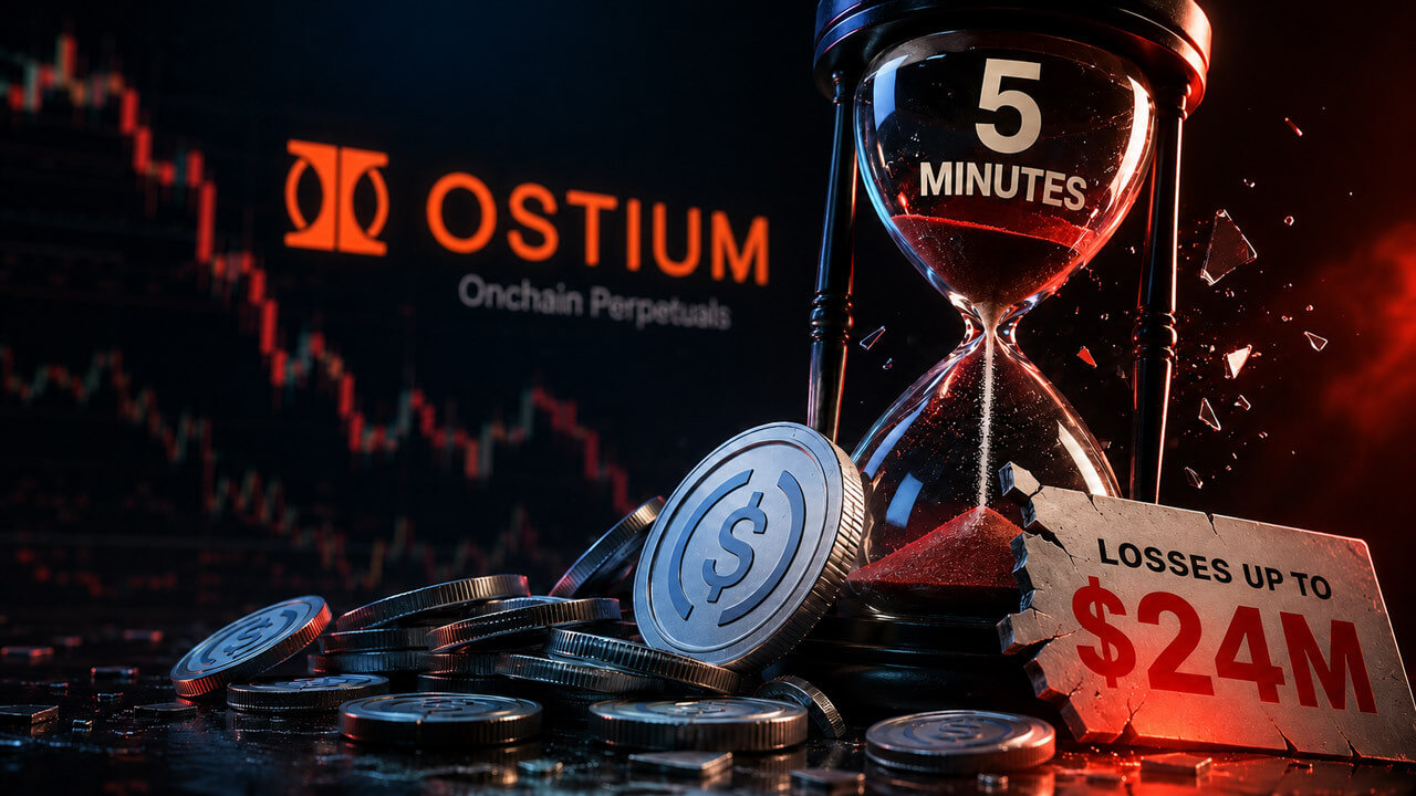 Ostium logo beside a five-minute hourglass, scattered USDC tokens, and a sign showing losses of up to $24 million against a falling crypto price chart.