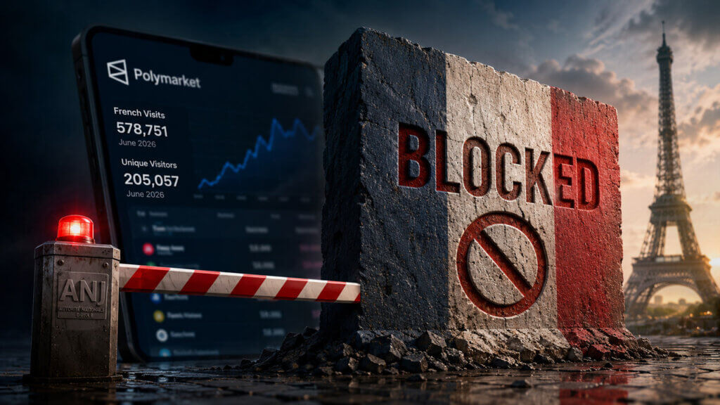 ANJ security barrier and a French tricolor concrete block restricting access to Polymarket, with June 2026 French traffic figures displayed.