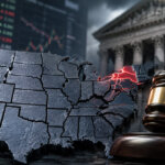 Judge’s gavel beside a fragmented U.S. map with New York glowing red, symbolizing state-level restrictions on prediction market access after Kalshi’s court loss.