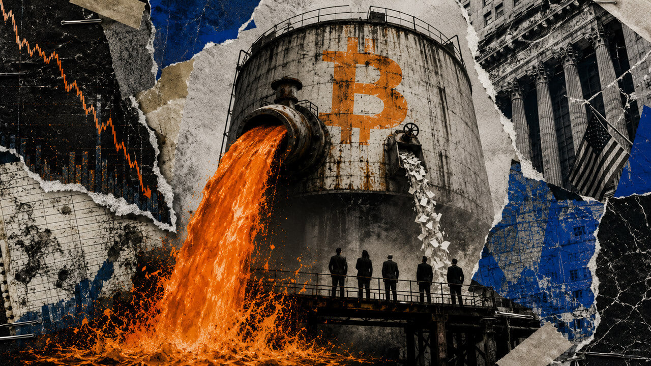 Editorial collage showing orange Bitcoin-like liquidity pouring from a distressed industrial storage tank while investors watch, symbolizing Smarter Web’s Bitcoin sale and shrinking treasury exposure.