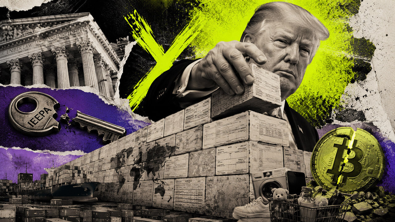 Trump stacks customs documents into a tariff wall beside the Supreme Court, a broken IEEPA key, cargo ships, consumer goods, and cracked Bitcoin.