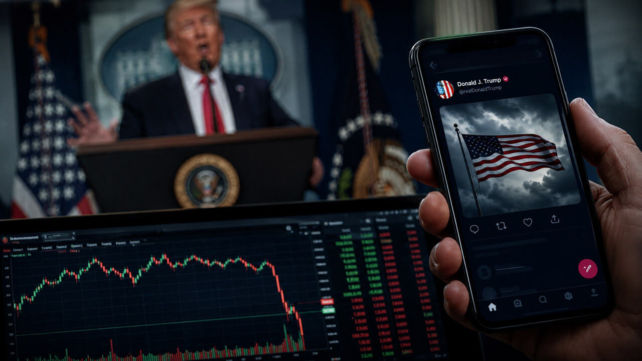 A smartphone displays a Trump social media post while a trading screen shows a sharp market decline and Trump speaks at a White House podium in the background.