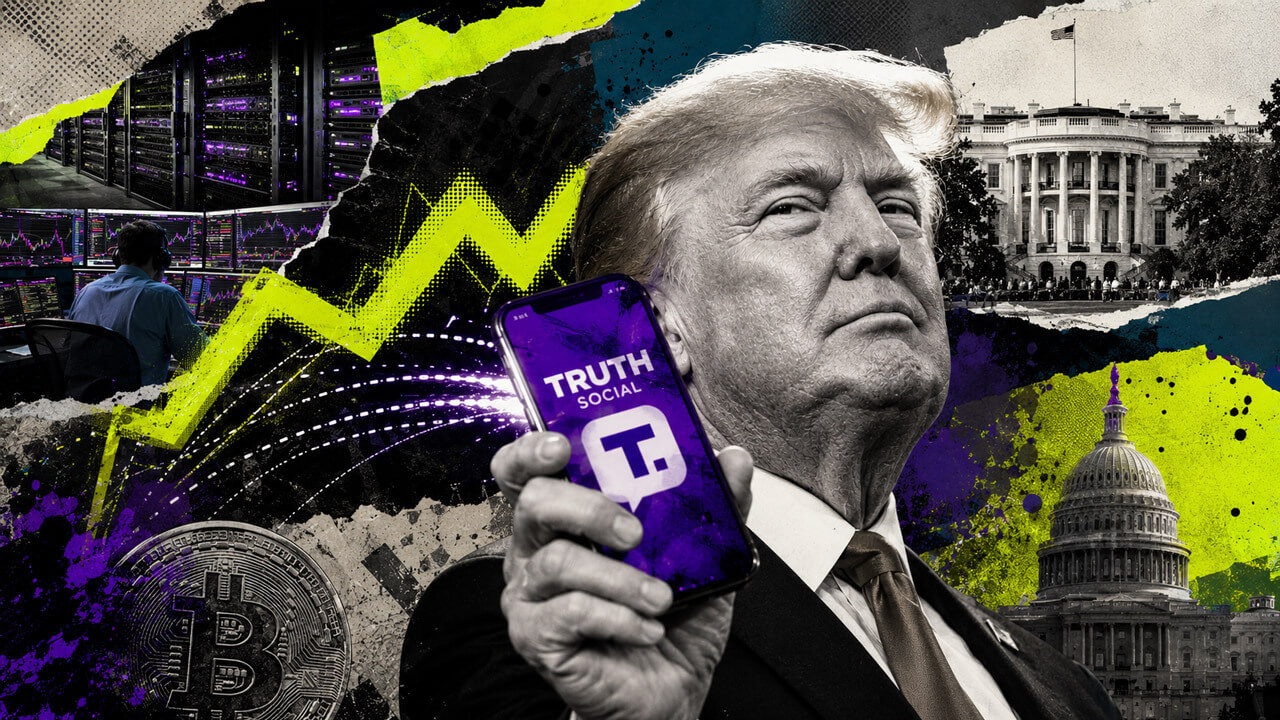 Mixed-media collage of Donald Trump holding a purple Truth Social phone, surrounded by algorithmic trading screens, servers, government buildings, Bitcoin, and an acid-yellow market chart.