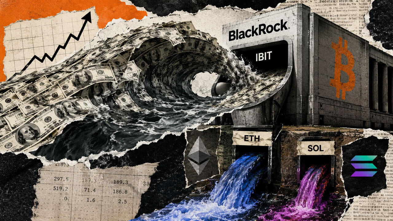 A huge wave of capital crashes into BlackRock’s IBIT Bitcoin structure while smaller Ethereum and Solana flows spill below.