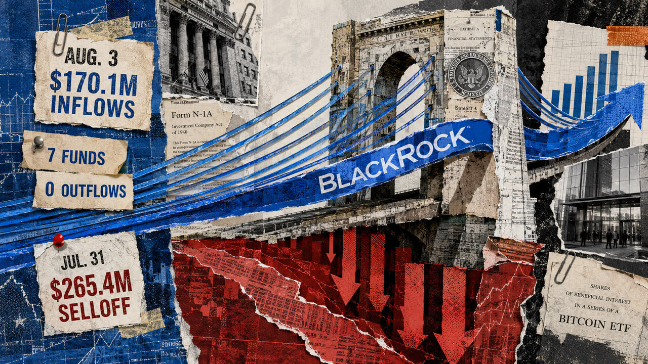 BlackRock-led Bitcoin ETF inflows cross a bridge above a red selloff chasm, with Aug. 3 fund-flow figures integrated into the collage.