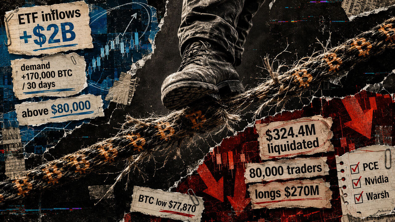Rugged boot balances on a fraying Bitcoin-marked tightrope between ETF inflows and red liquidation pressure in an editorial collage.