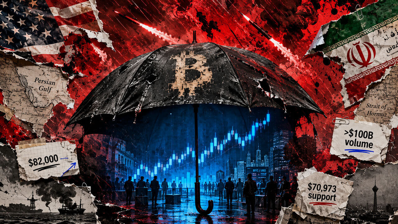 Bitcoin umbrella shields a rising market chart from U.S.-Iran conflict, with volume and support levels framing the bullish setup.