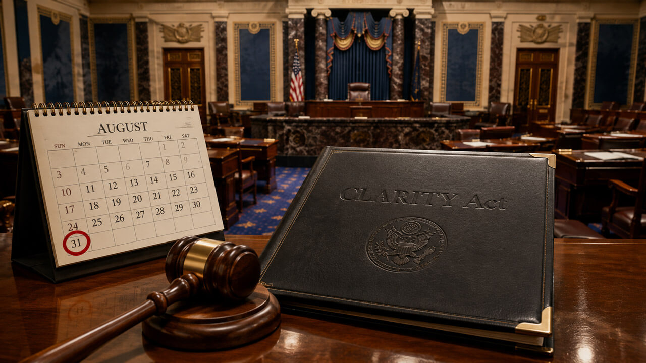 CLARITY Act binder beside Senate voting controls and an August recess calendar inside the chamber.