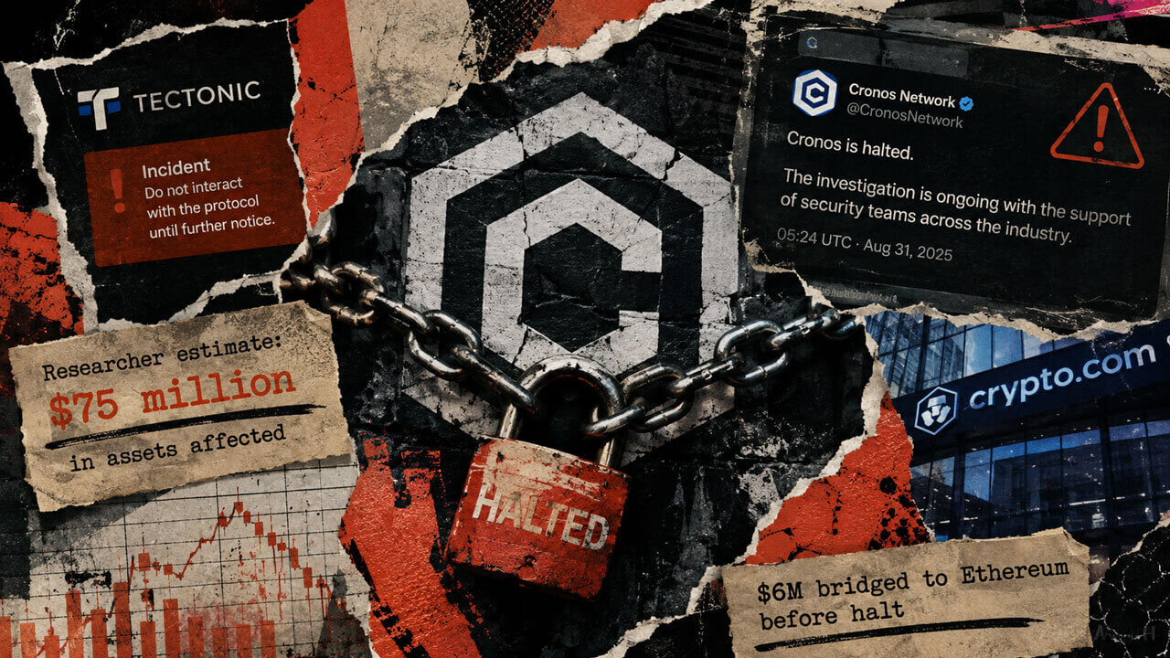 Cronos logo chained behind a HALTED padlock, surrounded by Tectonic exploit warnings and estimates of $75 million in affected assets.