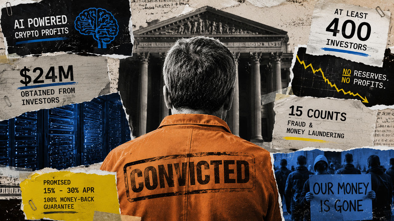 Editorial collage of a convicted crypto scheme operator facing a courthouse, surrounded by $24M, 400 investors, AI claims and fraud counts.