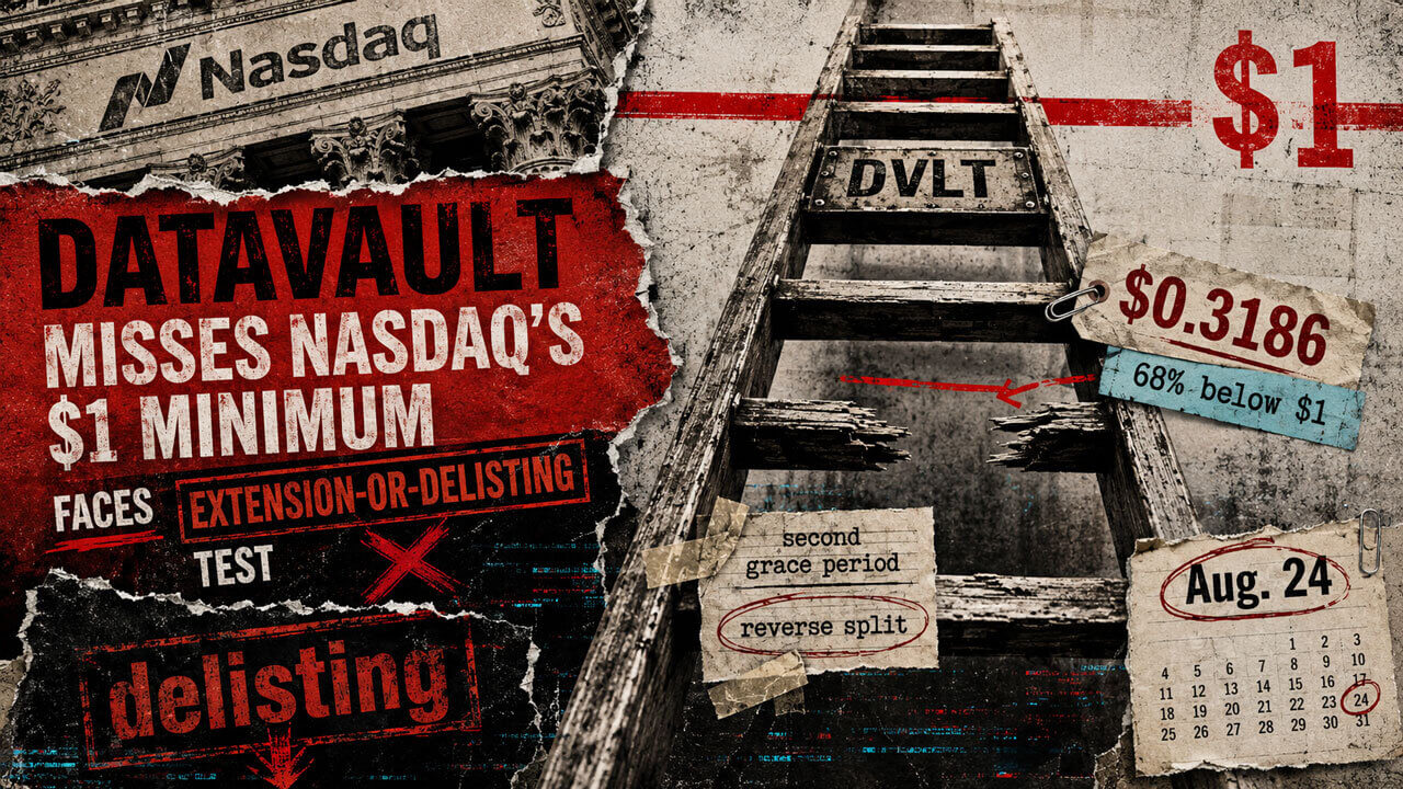 DVLT life ring sinks below Nasdaq’s $1 threshold beside $0.3186, 68% below $1, Aug. 24 and delisting warnings.