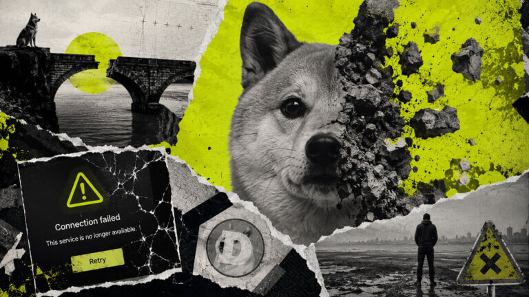 Shiba Inu collage beside a broken bridge and connection-failed screen, illustrating inaccessible Dogechain services and stranded assets.