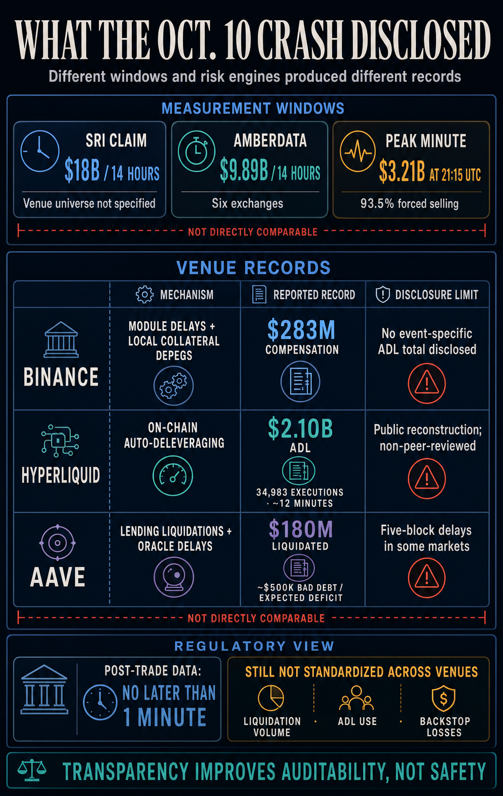 Solana Research Institute infographic comparing Oct. 10 crypto crash measurement windows and disclosed Binance, Hyperliquid and Aave loss mechanisms, ending with the FCA reporting gap.
