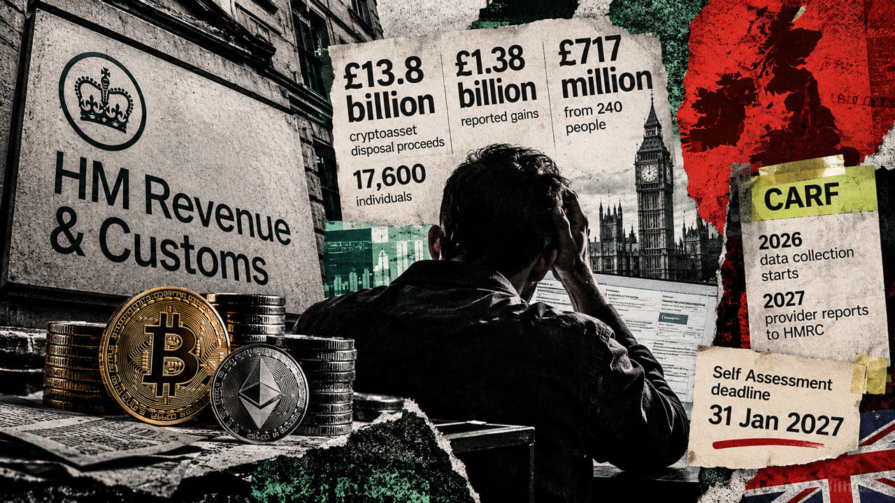 Mixed-media collage of HMRC, a stressed crypto investor, Bitcoin and Ethereum, CARF reporting milestones, and the Jan. 31, 2027 deadline.