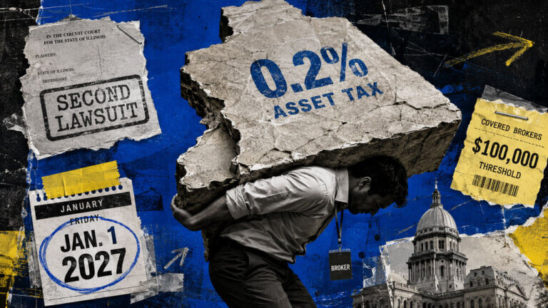 Broker figure bent beneath a cracked 0.2% tax slab, with Illinois courthouse imagery, lawsuit papers and the Jan. 1, 2027 deadline.