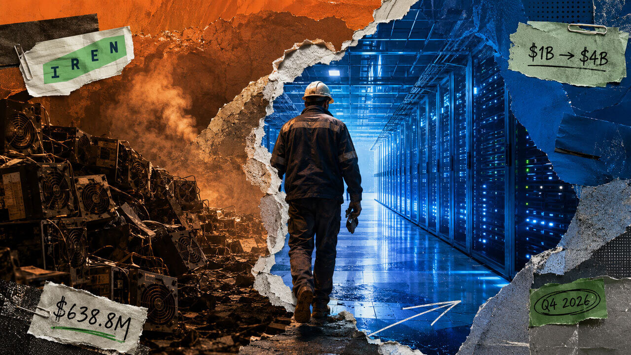 A worker moves from discarded Bitcoin miners into a blue AI data center, symbolizing IREN’s costly shift from mining to cloud infrastructure.