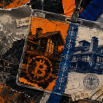Editorial collage of a split conference badge linking crypto and Federal Reserve imagery against the Jackson Hole mountain landscape.