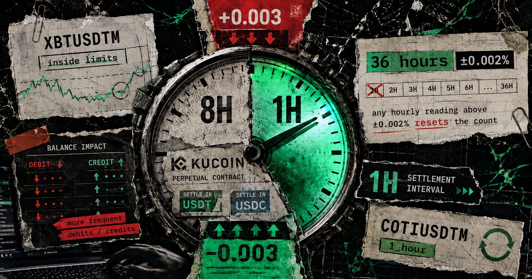 Editorial collage of a KuCoin perpetual-contract clock switching from 8H to 1H, with funding thresholds, 36-hour reset rules, and debit-credit indicators.