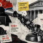 Lazarus-linked hacker, laundering pipeline and chained court gavel illustrate the $1.46B Bybit hack and later asset-freeze order.