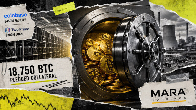 Open Bitcoin vault beside mining rigs and Long Ridge power infrastructure, with MARA collateral and lender financing details.