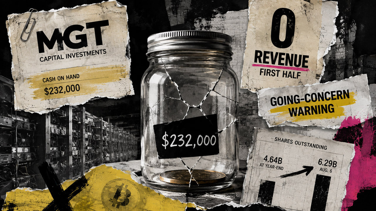 Cracked cash jar with one coin beside idle Bitcoin miners, zero revenue, rising share count, and a going-concern warning.