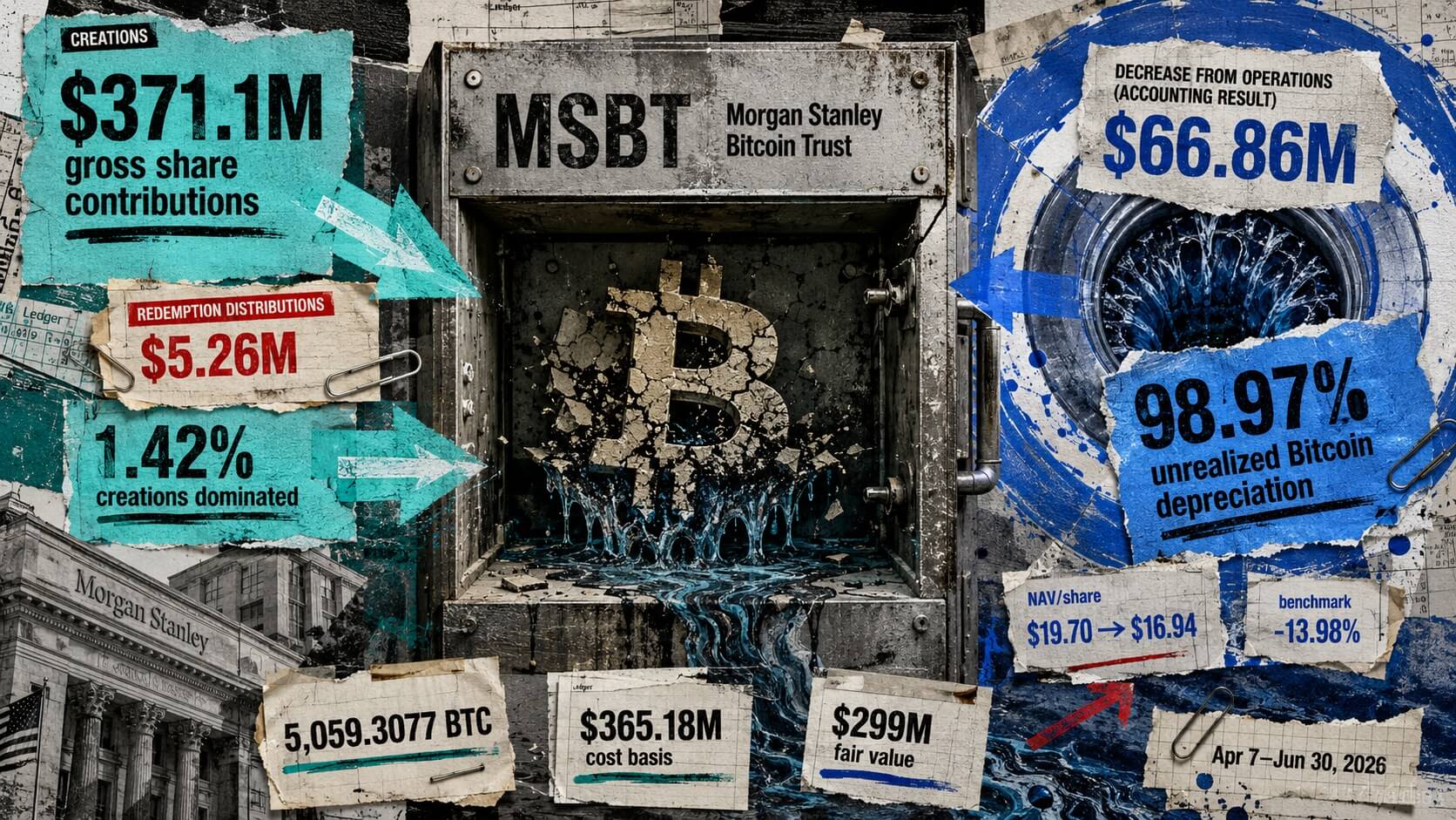 Editorial collage of Morgan Stanley Bitcoin Trust, with strong share contributions, minimal redemptions, a distressed Bitcoin vault, and unrealized depreciation figures.
