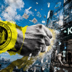A fist bearing the New York attorney general seal shatters the glass facade of a Kalshi office as people enter the building.