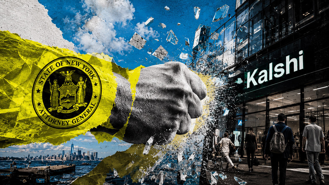 A fist bearing the New York attorney general seal shatters the glass facade of a Kalshi office as people enter the building.
