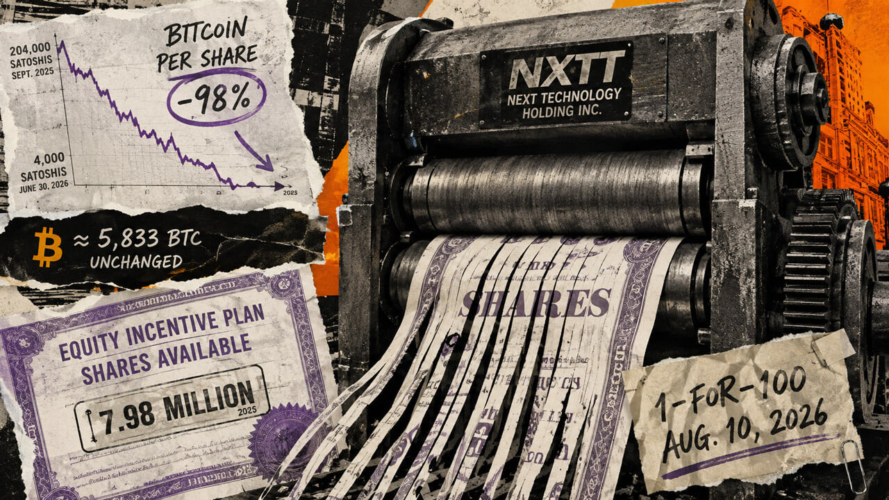 NXTT industrial press shreds share certificates beside a chart showing a 98% decline in calculated Bitcoin per share.